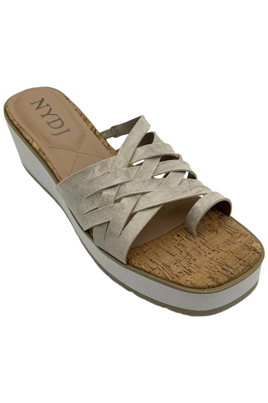 NYDJ Woman's Leather Wedge Sandals Reesie Pewter Metallic Suede - Medium